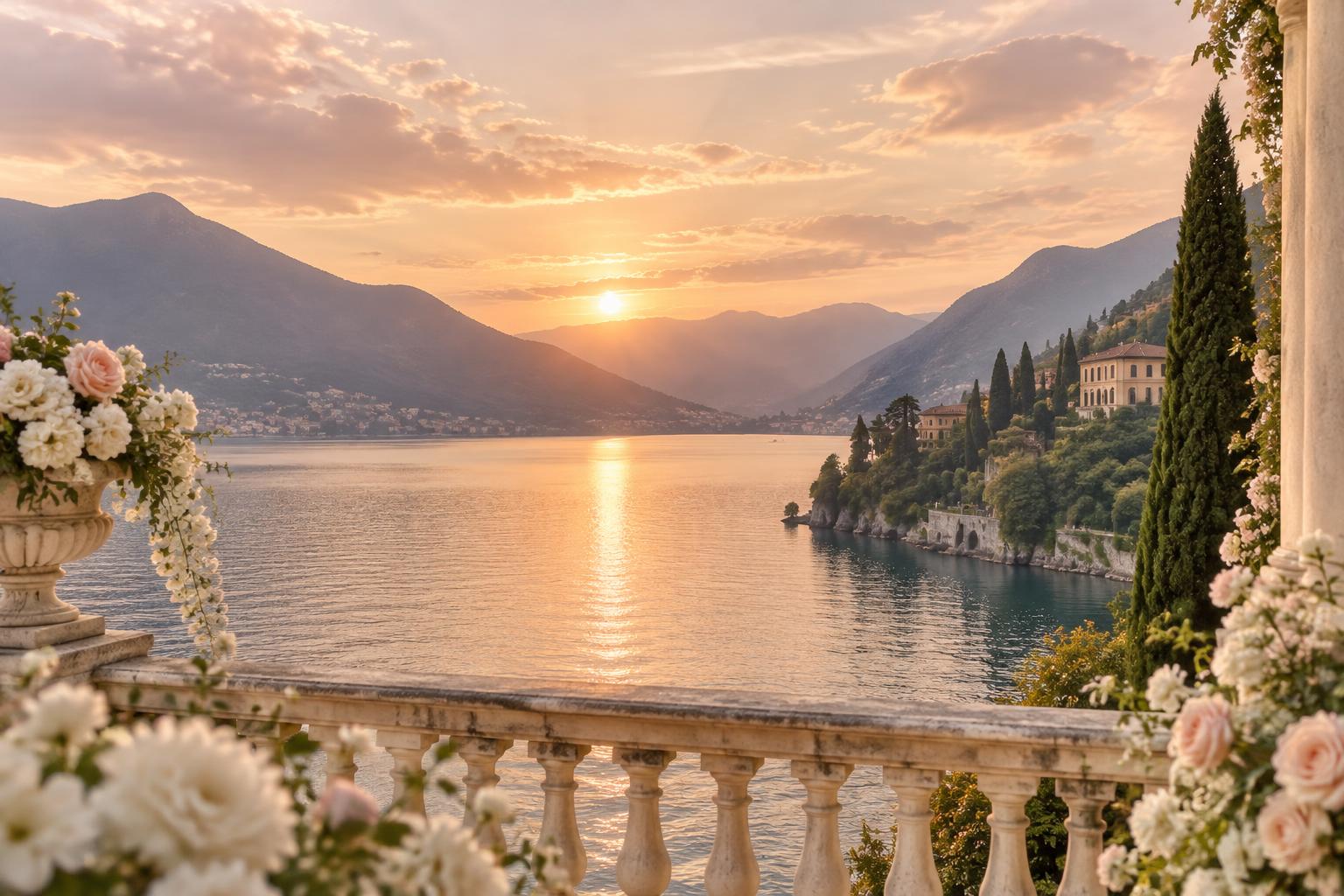 Sunset across the lake from a flower-framed terrace
