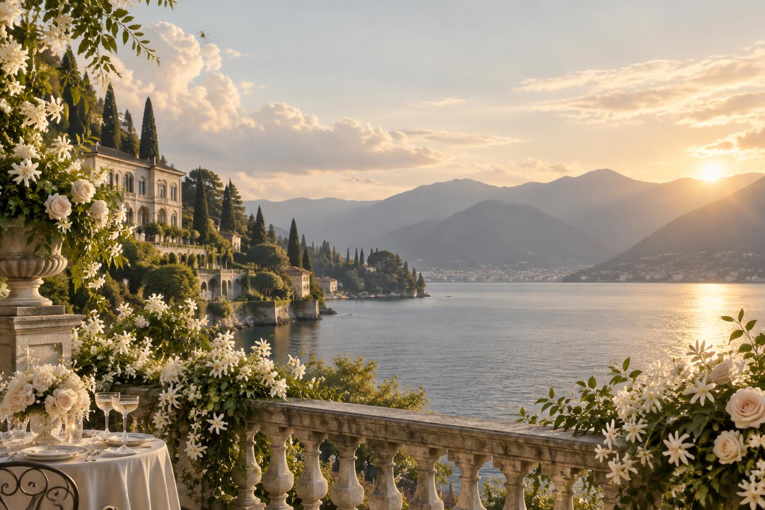 Dreamlike lakeside palaces, waterfalls and flowering gardens at golden hour