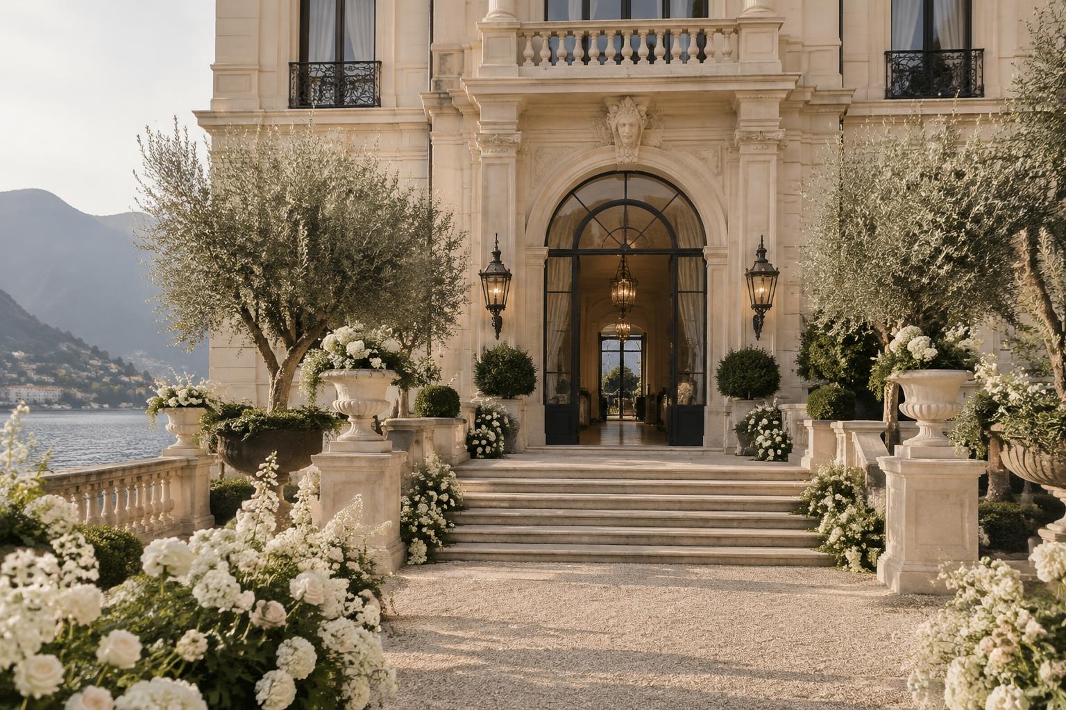 Grand lakeside wedding venue entrance